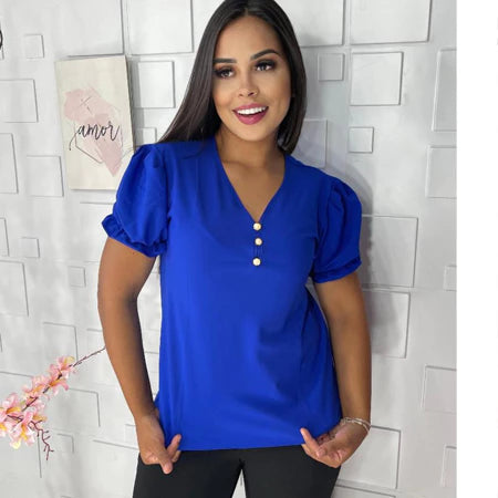 Blusa social com pérolas e manga bufante